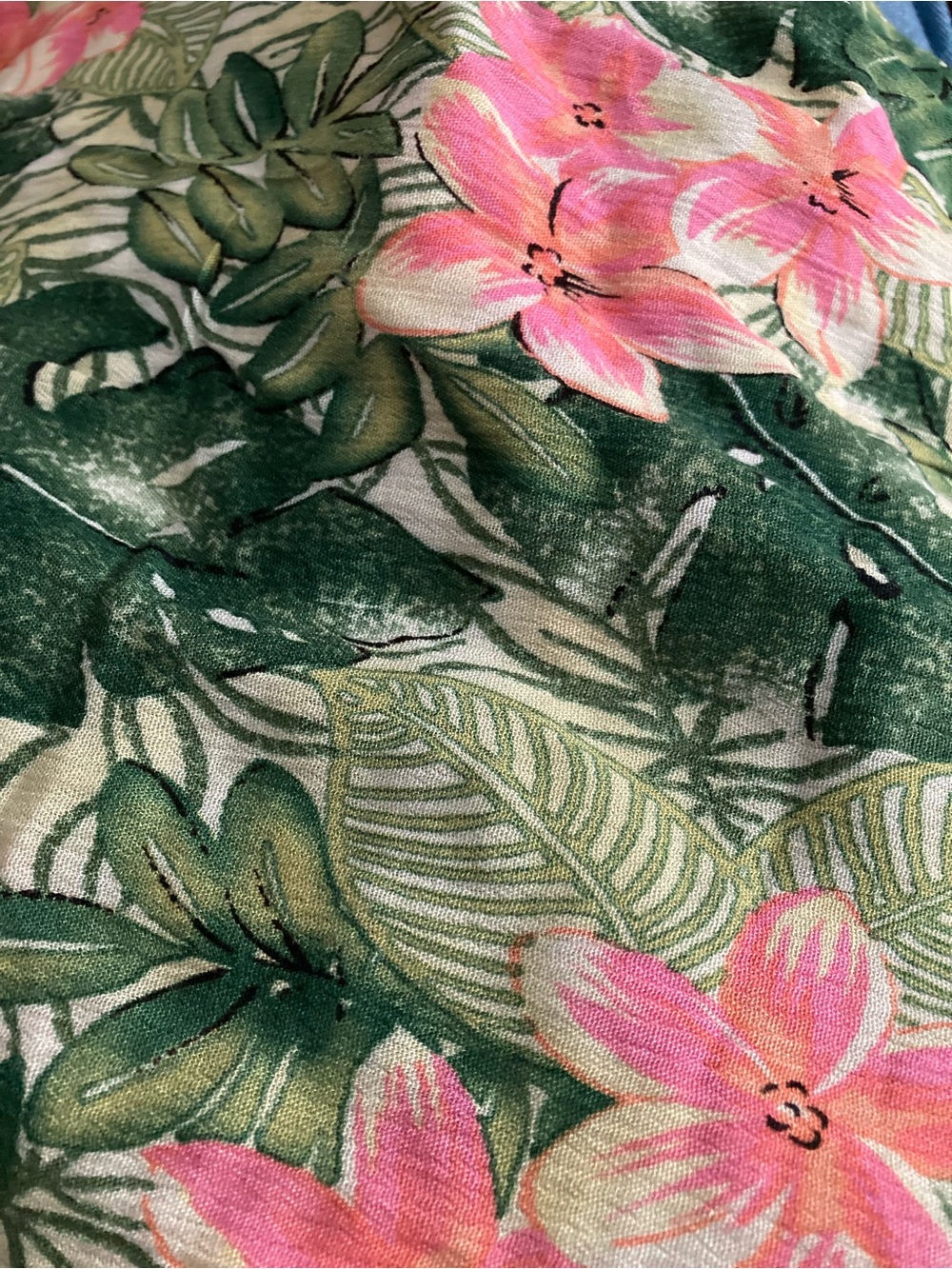 JoAnn’s rayon Green and Pink Tropical island aloha print fabric